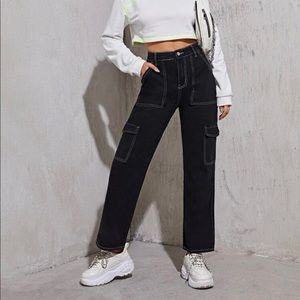 Contrast Stitching Straight Leg Cargo Pocket Black Jeans XS 24/25